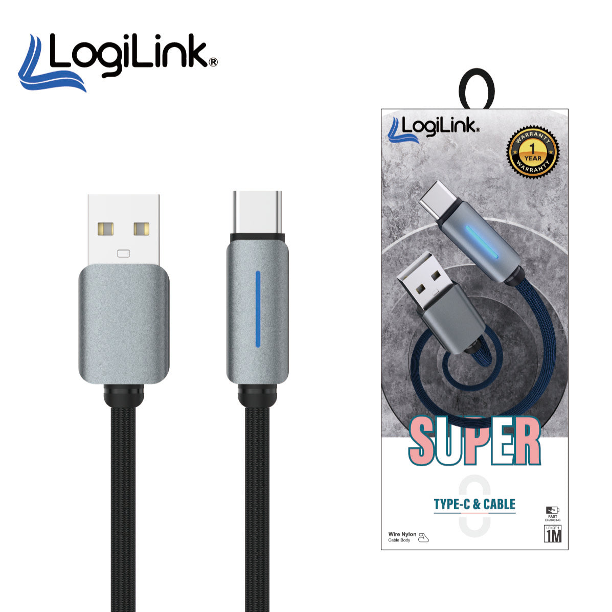 LOGILINK USB TO TYPE C NYLON FAST CHARGING DATA CABLE WITH LIGH 1M (1 YEAR WARRANTY)