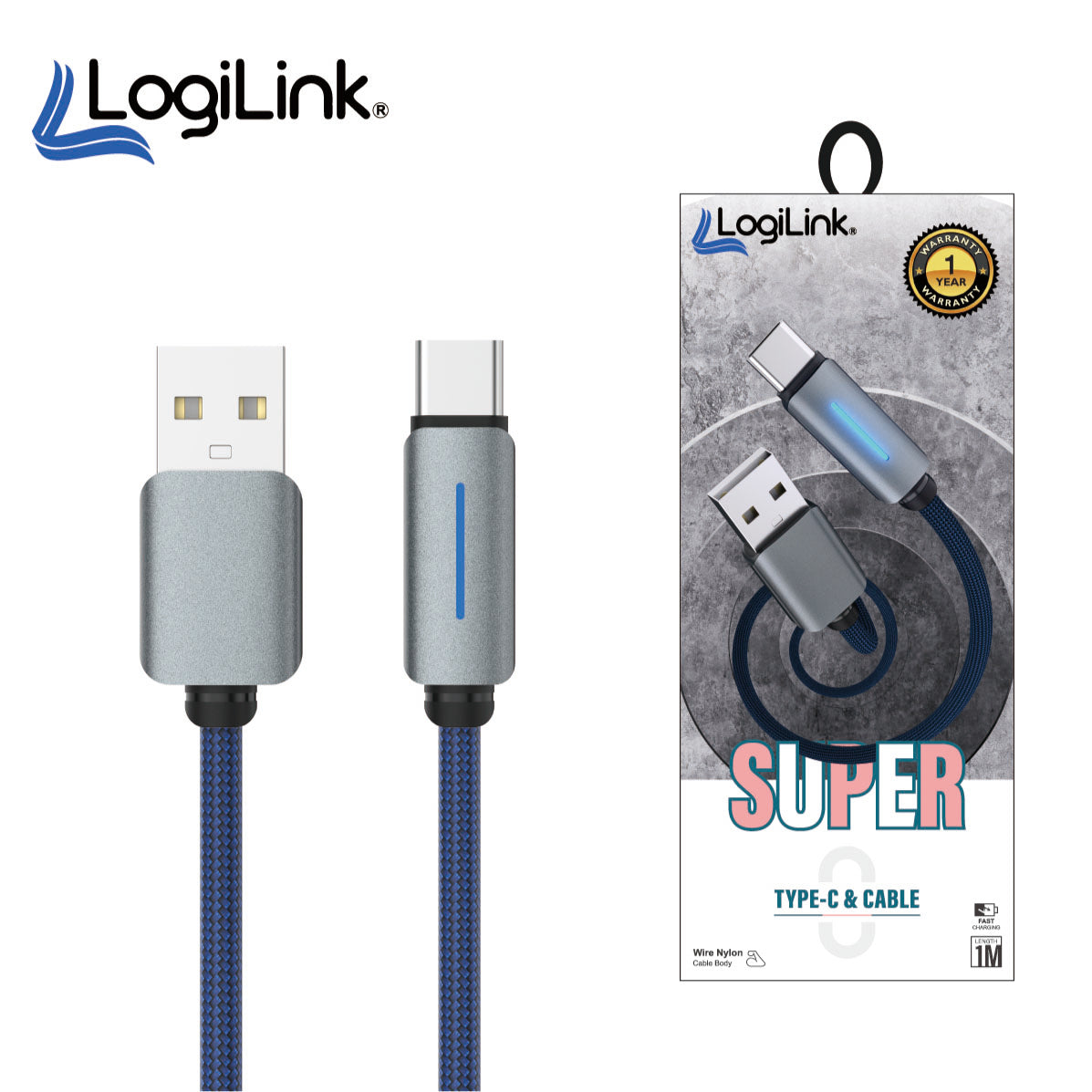 LOGILINK USB TO TYPE C NYLON FAST CHARGING DATA CABLE WITH LIGH 1M (1 YEAR WARRANTY)
