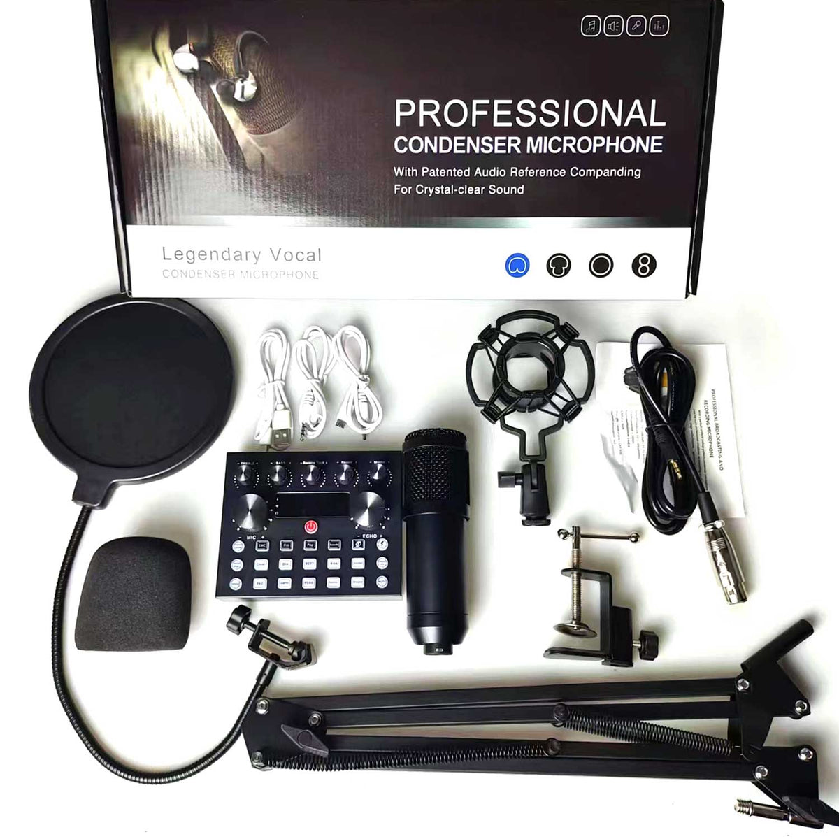 V10 BM-800 PODCAST CONDENSER MICROPHONE SET WITH LIVE SOUND CARD, RECHARGEABLE 12 KINDS OF AUXILIARY BACKGROUND FOR KARAOKE SINGING, YOUTUBE RECORDING MIC